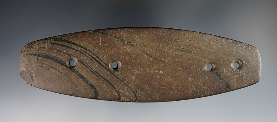 6 1/8"  Four Hole Gorget that is well made from a dark reddish brown Banded Slate - Michigan.
