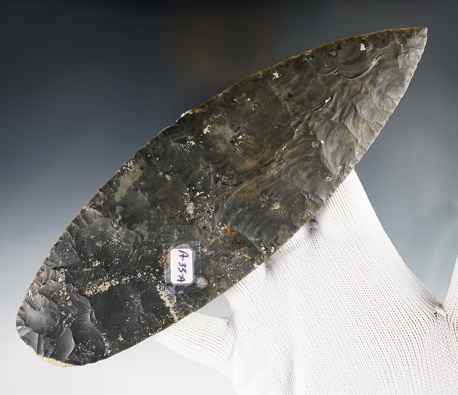 Fine 7 5/8" Blade found in Belize. Made from Colha Flint with great patina. Ex. Richard Shively.
