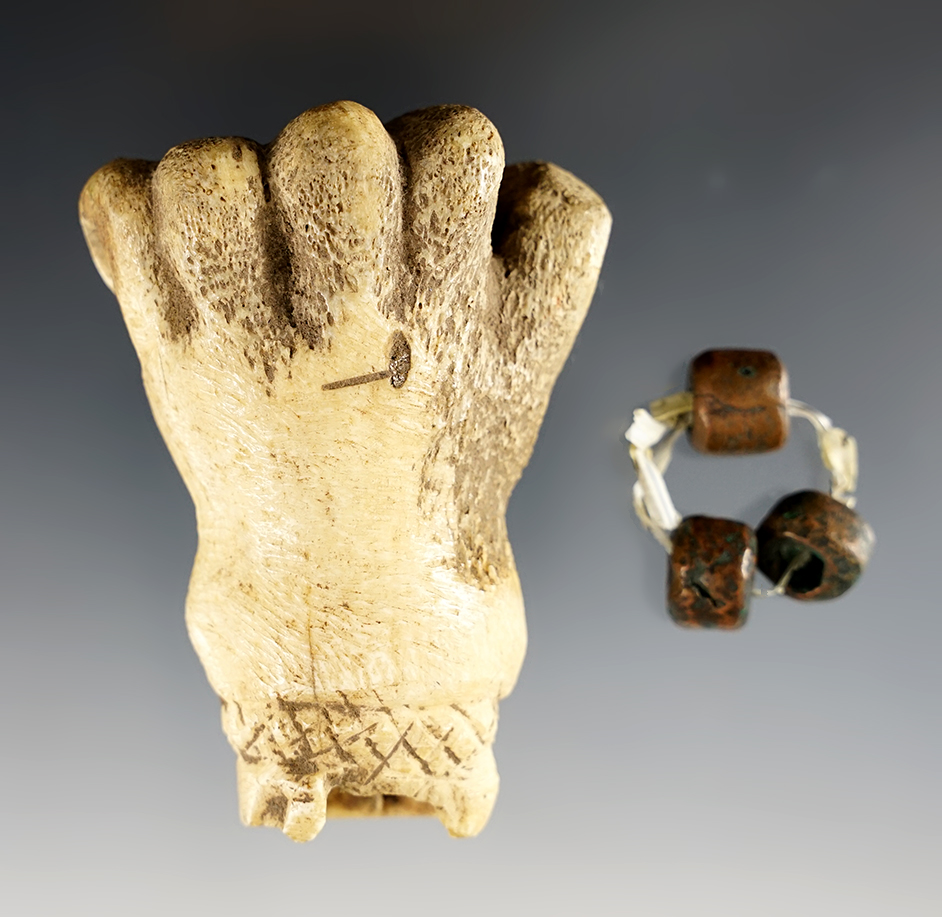 Rare! 3 1/8" x 2" Severed Hand Knife Handle. Found with three Copper Beads (included). 