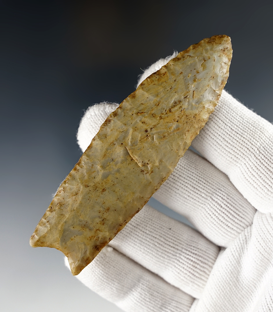 Fine 3 5/16" Fluted Paleo Clovis - chert. Found in Knox Co., Indiana. Ex. Dan McClain.