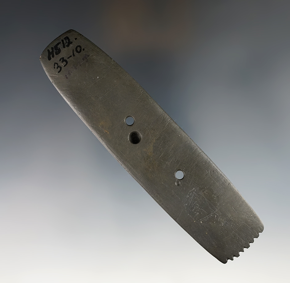 5 1/4" thin and fine Hopewell Gorget. Nicely fringed. Found in the Ohio area.