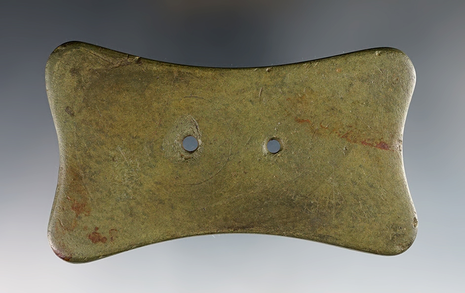 Fine 4 1/8" Ohio Quadriconcave Gorget - Banded Slate. Ex. Wehrle (#1307), Root (#3643S).