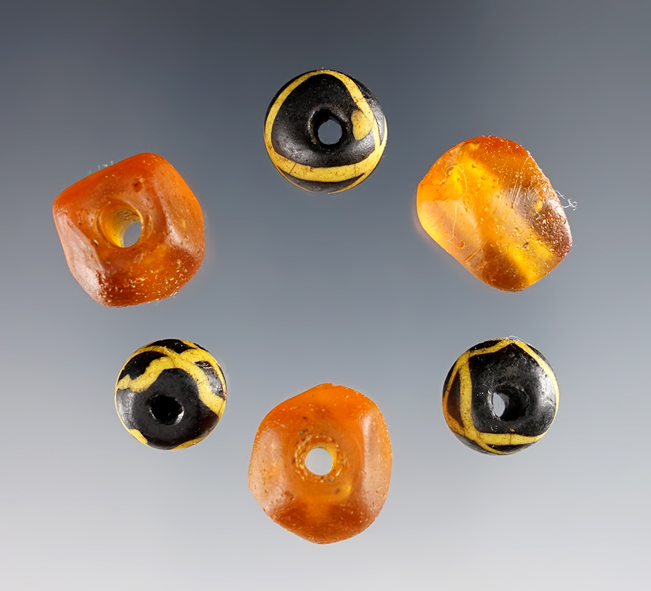 Set of 6 rare beads  3 large "Roman" Beads and 3 Amber Faceted Wire Wounds.  New York. 