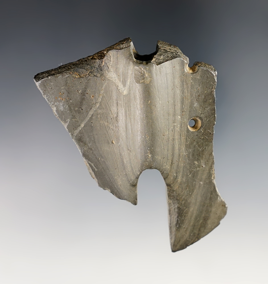 3 1/8" x 2 9/16" anciently salvaged Wing Bannerstone found in Williams Co., Ohio.