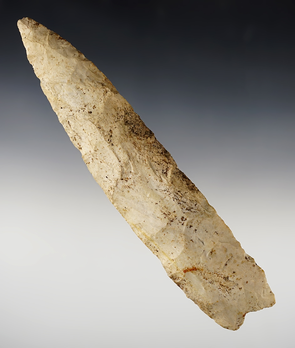 Large 7 5/16" Archaic Knife made from Burlington Chert.  Pike Co., Illinois. Dickey COA. 