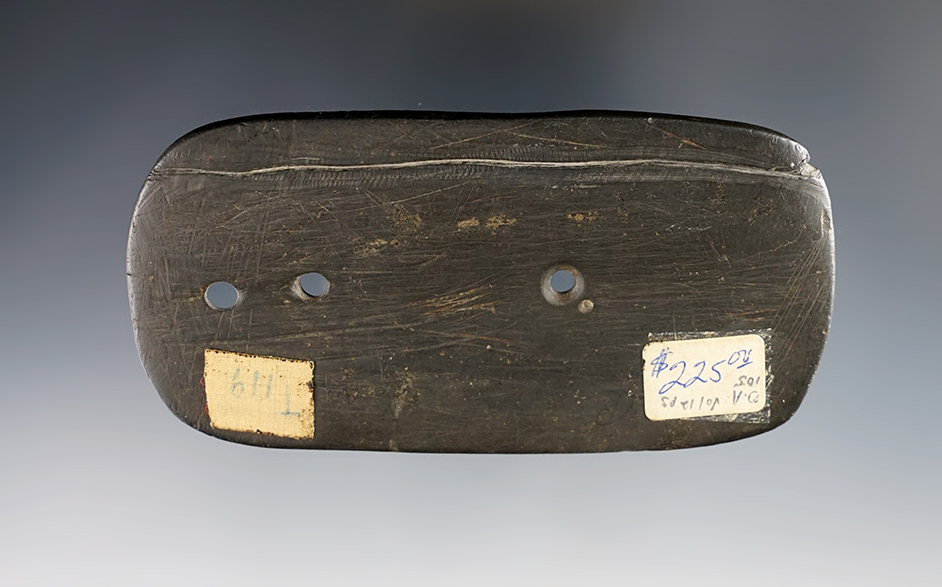 4 3/8" long by 2 3/16" Three Hole Glacial Kame Gorget - Slate. Found in  Michigan. Pictured!