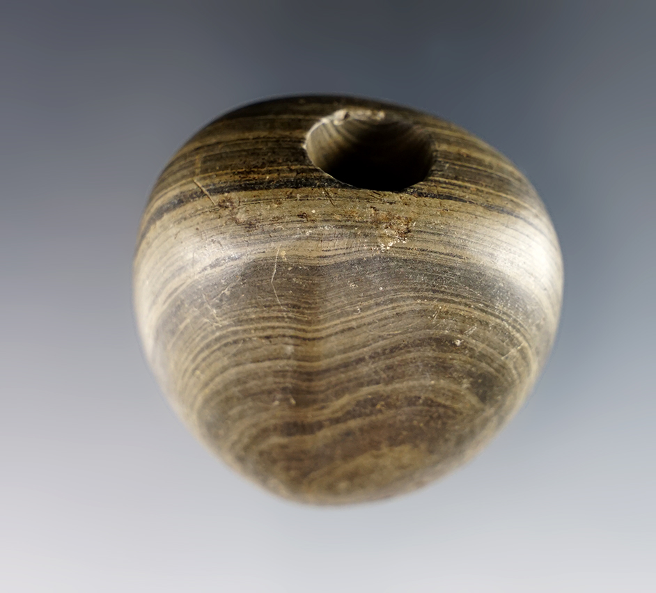 1 7/8" Fluted Ball Bannerstone - Jefferson Township, Whitley Co., Indiana. Banded Slate.