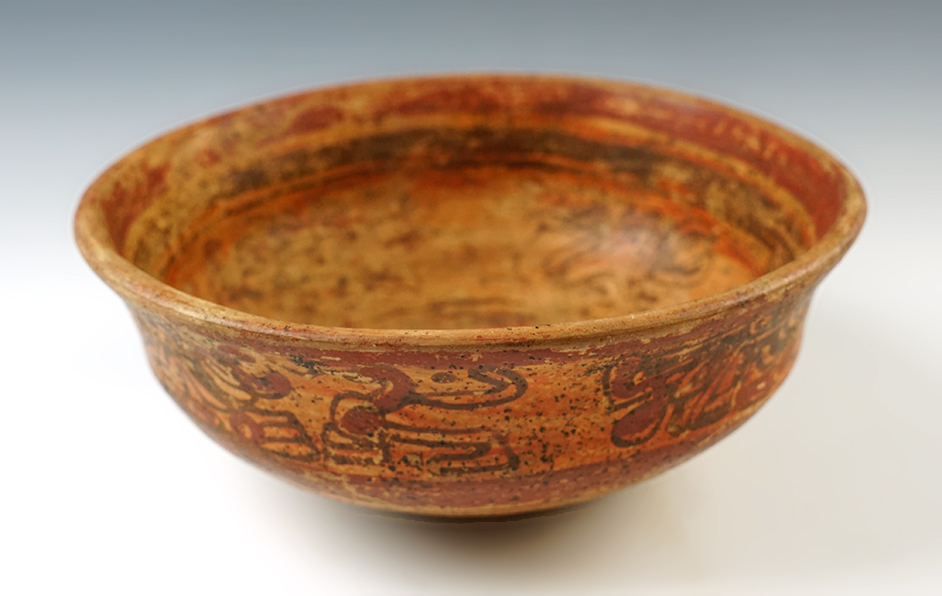 8"x 3"  Mayan Bowl with interior and exterior paint. Recovered in Belize. 