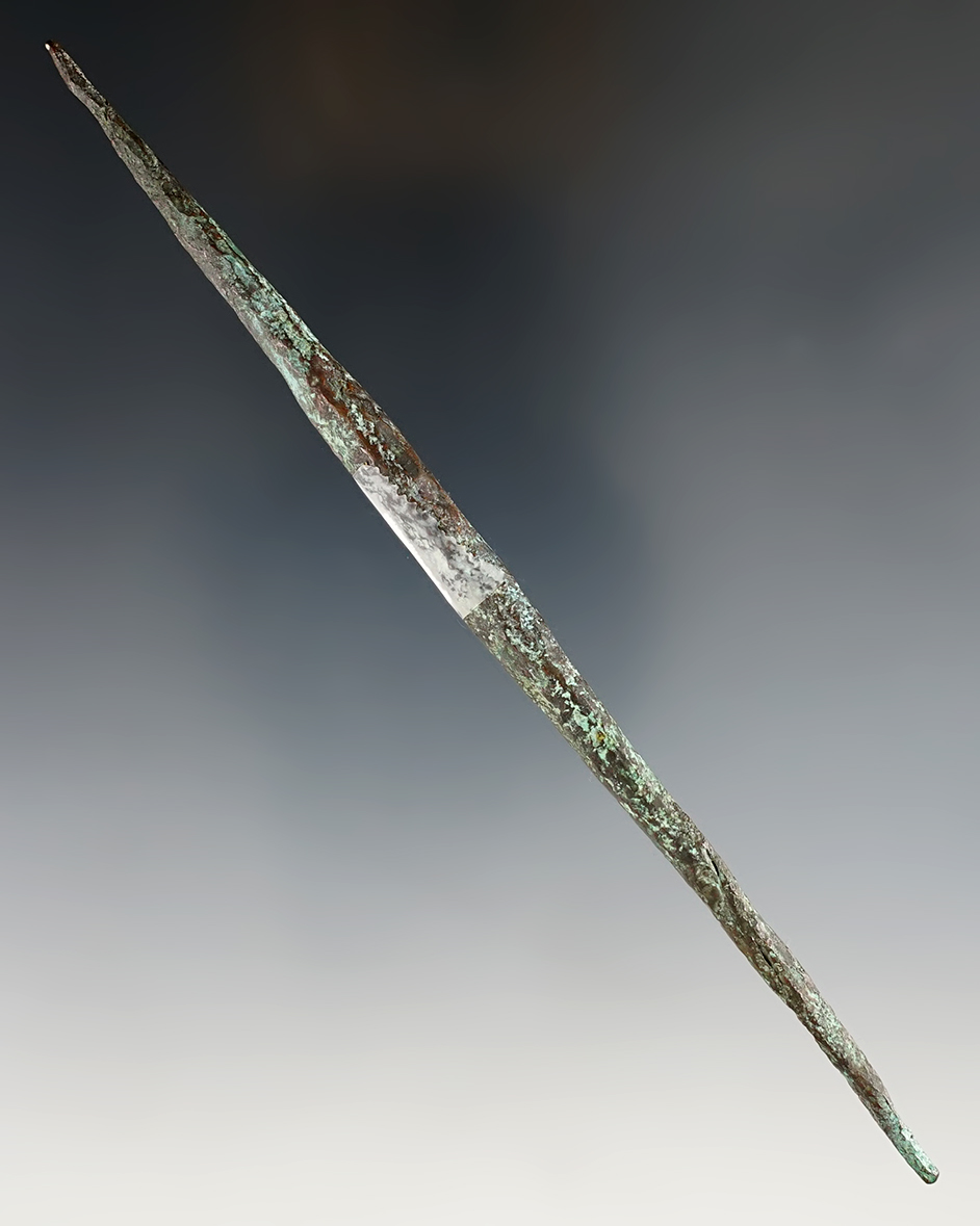 6 3/16" Old Copper Culture Copper Drill, found in Wisconsin. Comes with a Motley COA.  