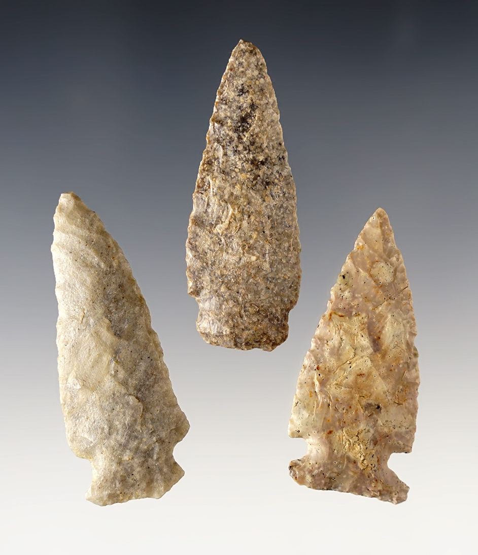 Set of 3 well flaked Colorado Points in good condition. The largest is 2 1/16".