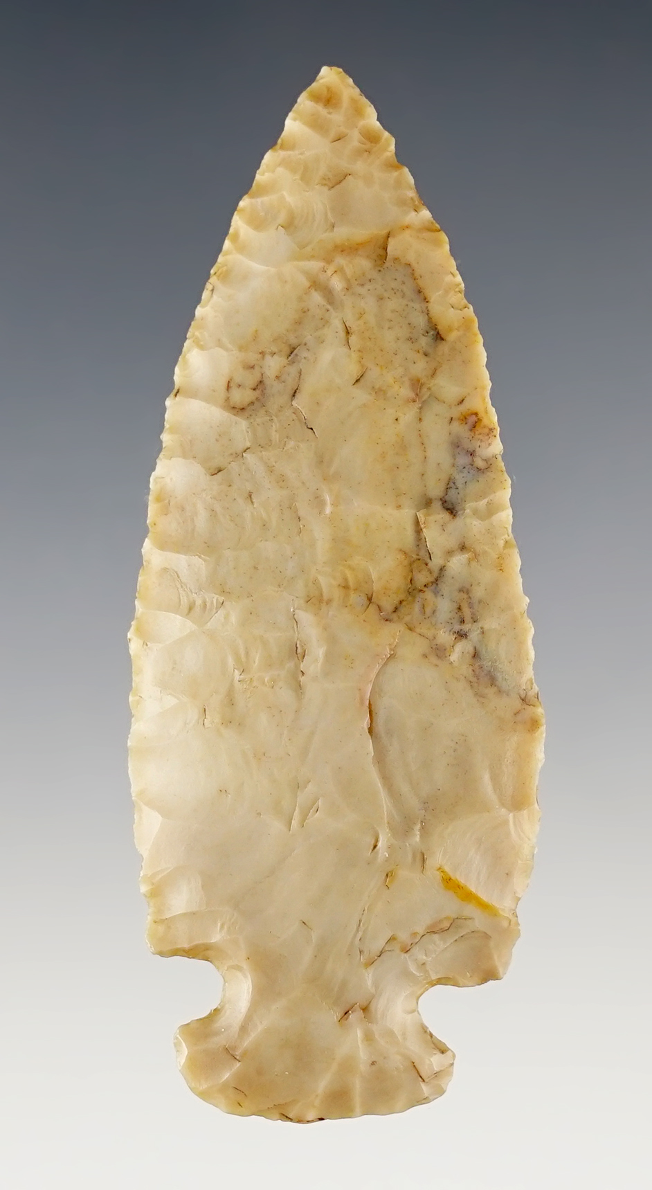 2 3/4" Archaic Dovetail made from well patinated Flint Ridge Flint. Found in Fairfield Co., Ohio.