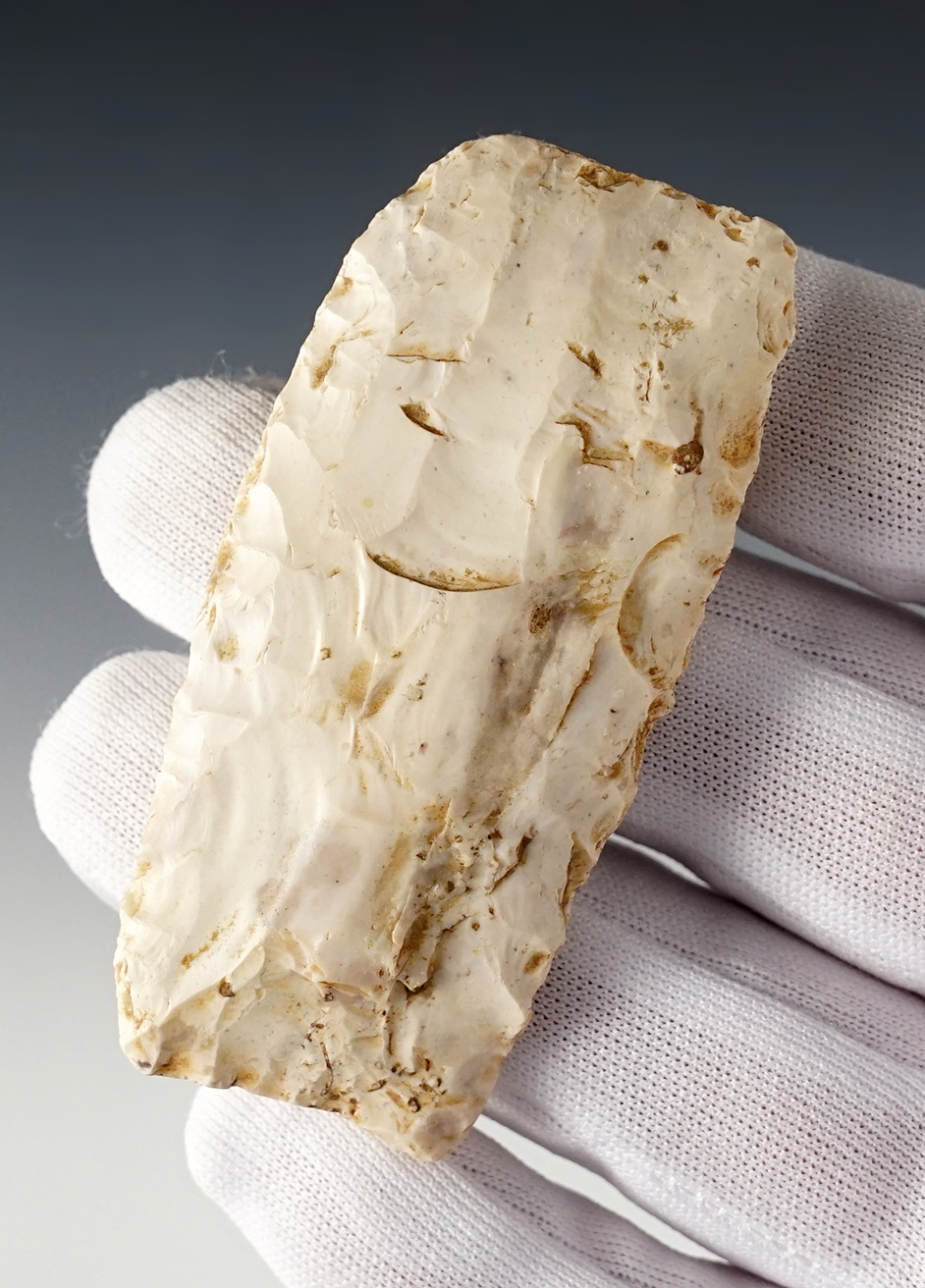 Fine 2 7/8" Paleo Square Knife made from patinated Burlington Chert. Found in Indiana.