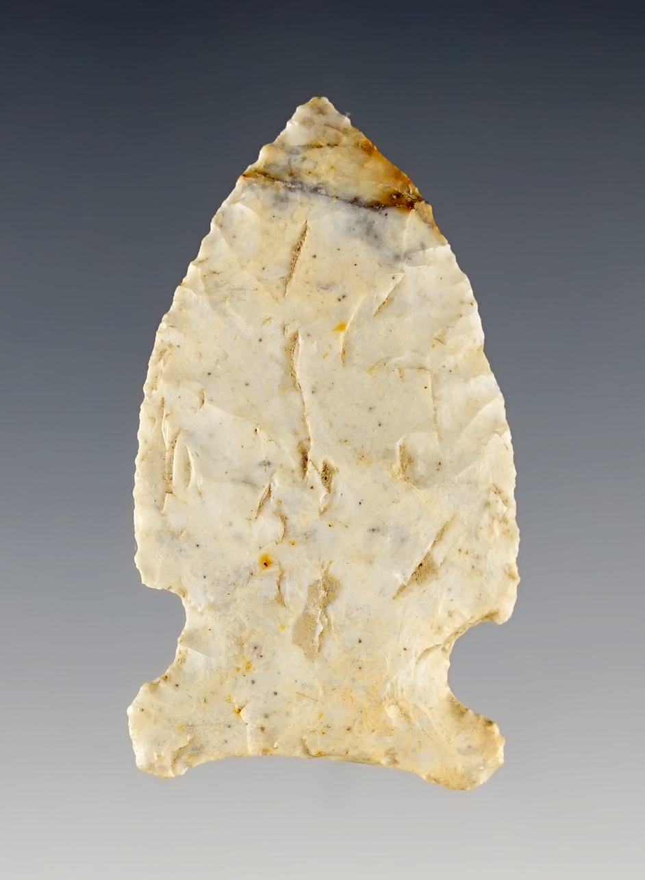 Nicely made 1 13/16" Archaic Sidenotch made from patinated Avon Chert. Nice grinding to the base.