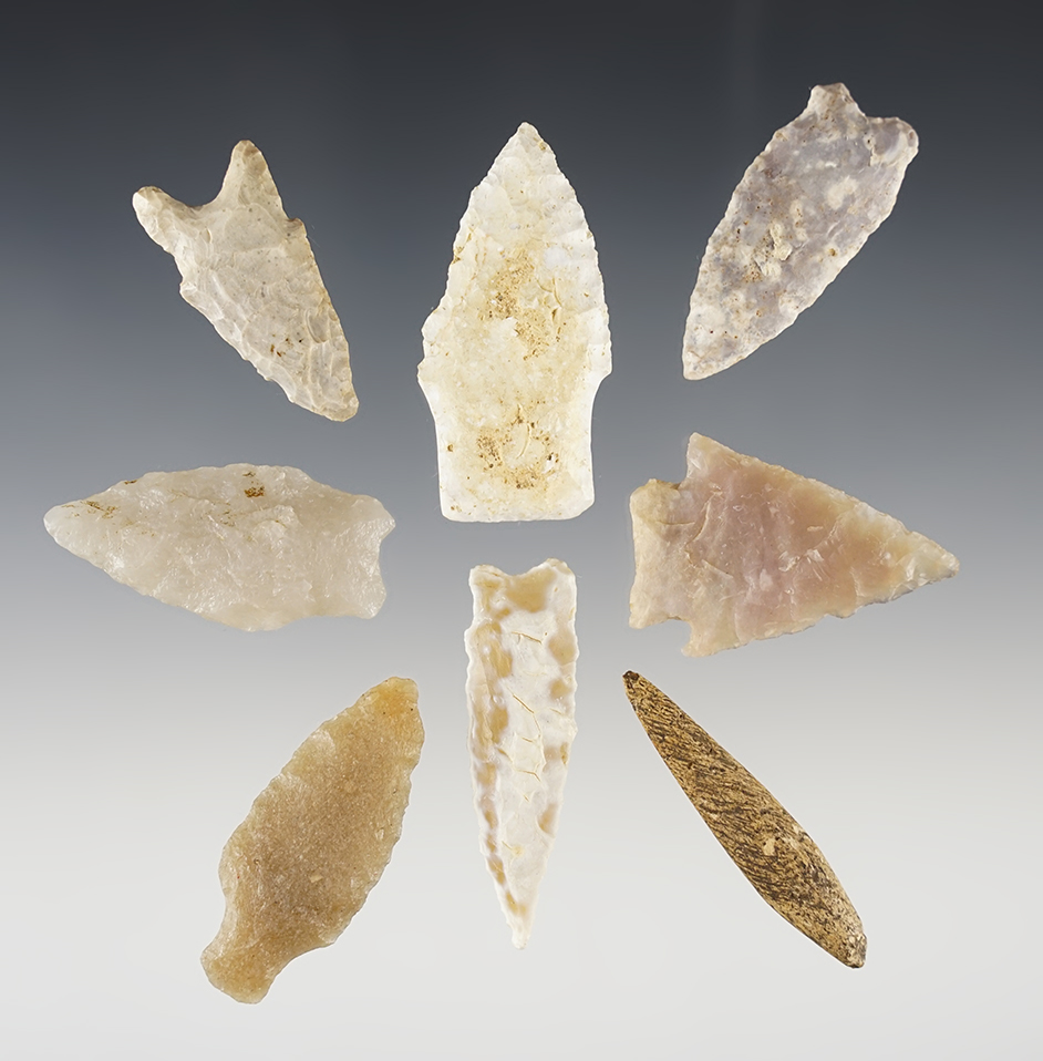 Set of 8 Colorado Points. 1 is made from Bone. The largest is 1 13/16".