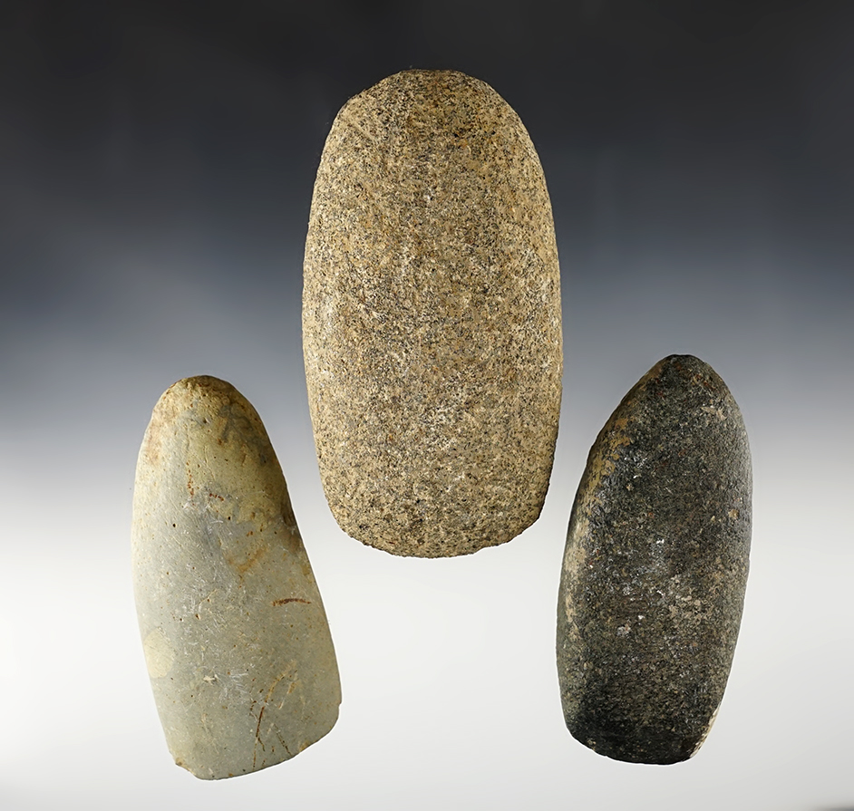 Set of 3 Ohio Hardstone Artifacts including 2 Celts and 1 Adze. The largest is 4 1/2".