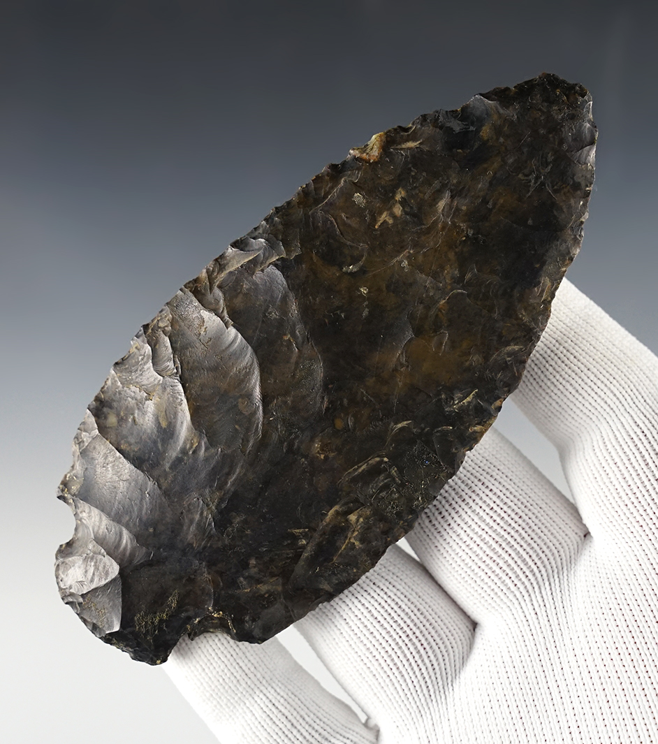 4 3/4" large Ohio Hopewell made from black Coshocton Flint. Ex. Mike Barron, Jeff Crumerine. 
