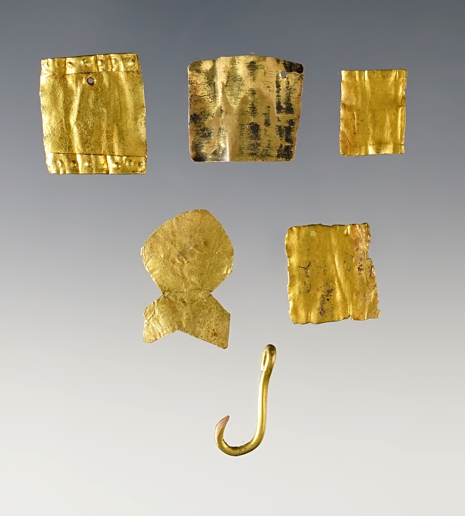 Set of 6 Gold Ornaments and a Fish Hook. The top row is 22 Karat, the rest are 22 Karat. 