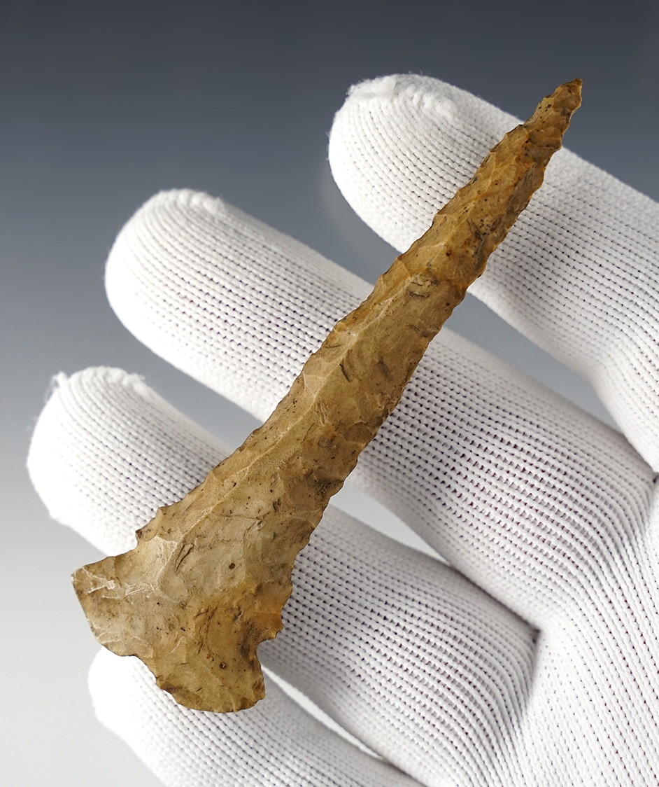 Heavily patinated 3 9/16" Dovetail Drill made from tan Chert. Ohio/Indiana area.