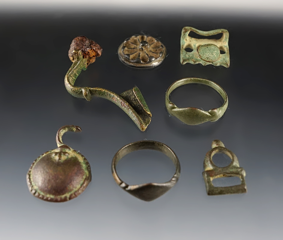 Set of 7 assorted ancient Roman artifacts. Largest is 1 3/4".