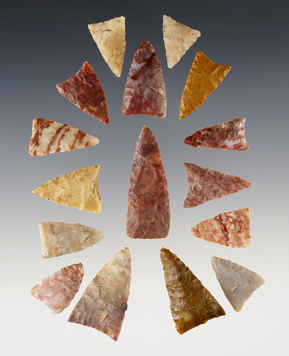 Set of 16 assorted Triangle Points found in the Kansas area. Many are made from colorful Alibates. 