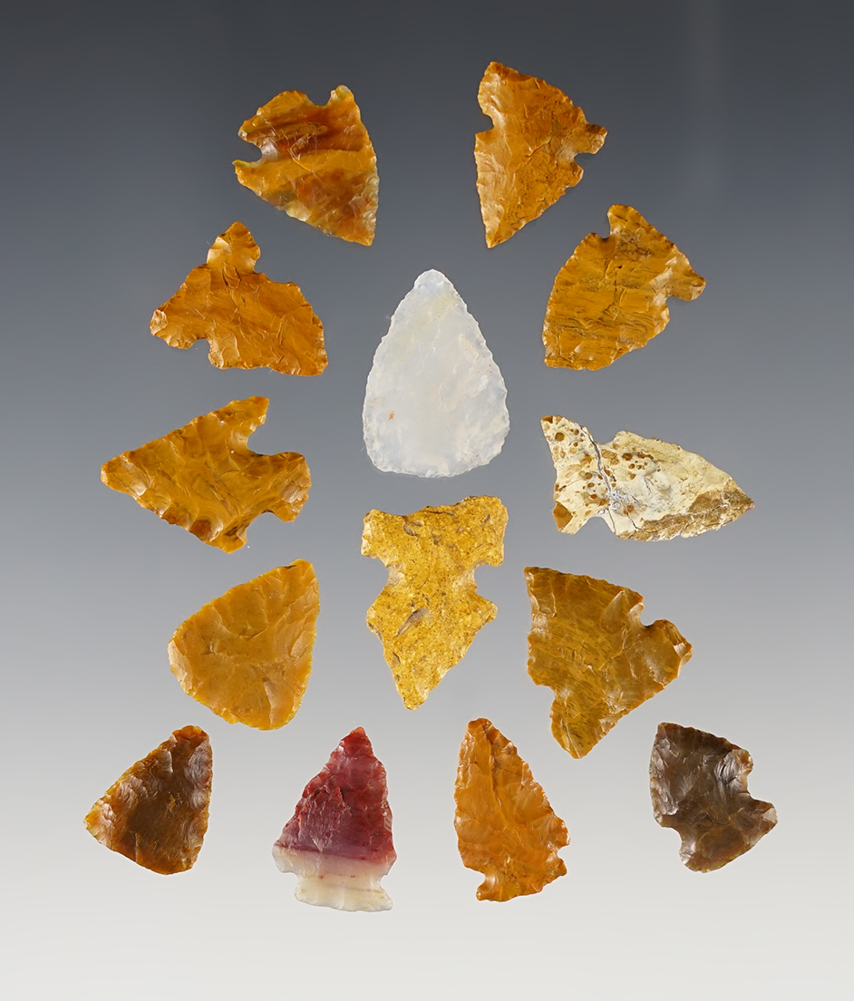 Set of 14 colorful Birdpoints found in Colorado. The largest is 7/8".