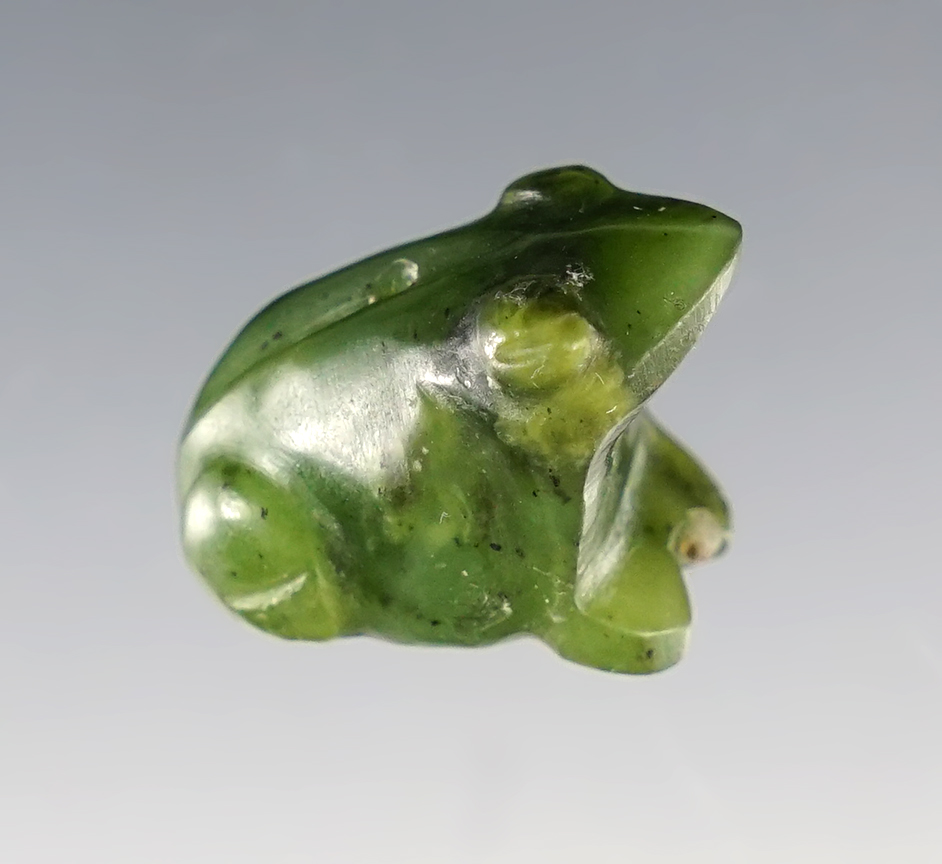 9/16" Wonderful Jadeite Frog Effigy, Costa Rica. Drilling started on the back of the frog. 