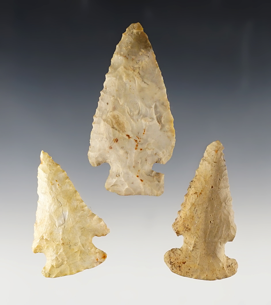 Set of 3 nicely made Archaic Points found in Ohio. The largest is 3".