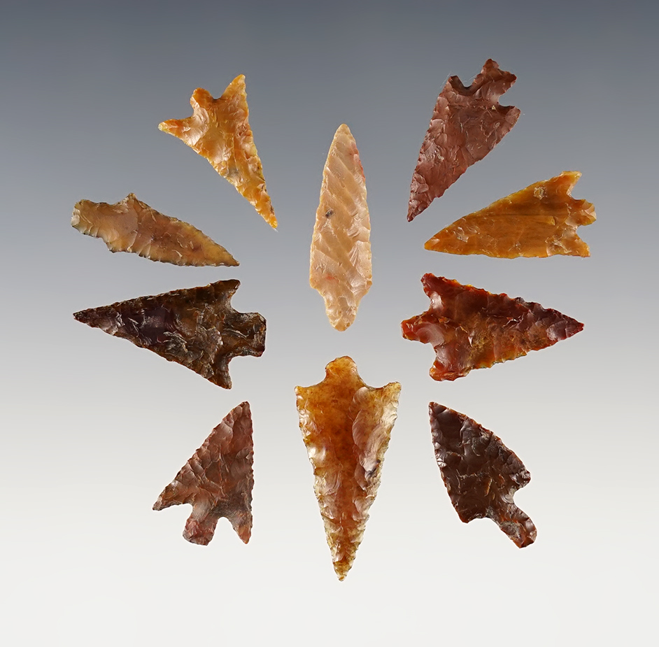 Set of 10 well made and colorful Gempoints found in the Washington/Oregon area. Ex. Gene Favell. 