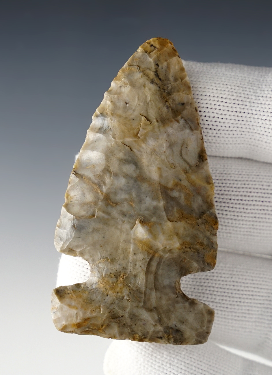 2 5/8" classic Archaic Sidenotch made from gray & cream mottled Onondaga Flint. Eastern Ohio.