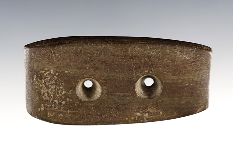 3 3/16" Gorget - deeply patinated Banded Slate. Geauga Co., Ohio. Ex. Wakefield, Falleti. 