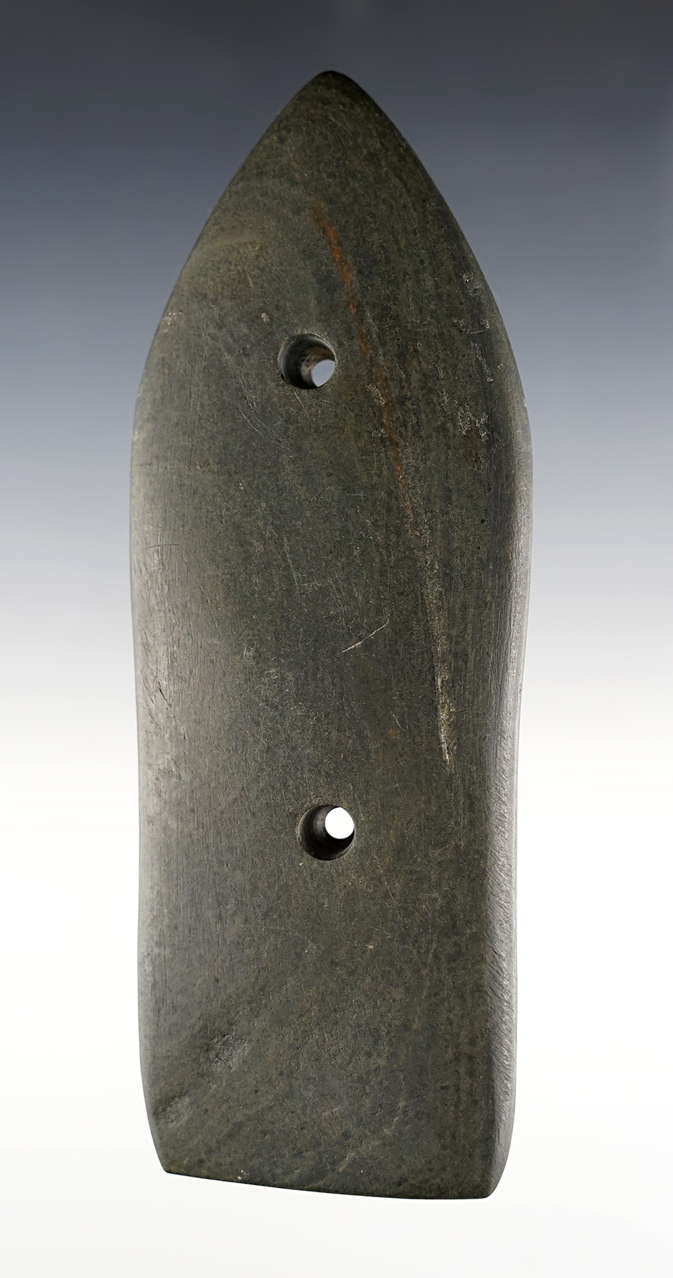 5 9/16" Sandal Sole Gorget found in Ionia Co., Michigan. Exceptionally well made! Ex. Root.