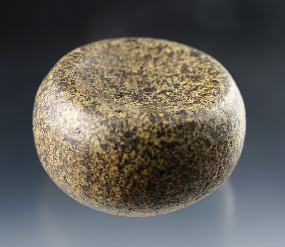 2 1/4" x 1 1/4" Classic Mississippian Discoidal - speckled Granite. Great symmetry. Illinois. 