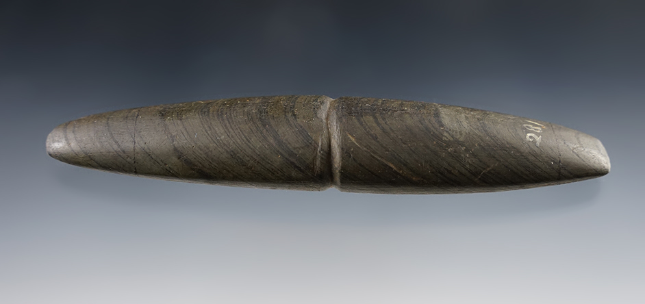 5 1/4" Banded Glacial Slate Bar Weight with a center groove that is well-crafted. Recovered in Ohio.