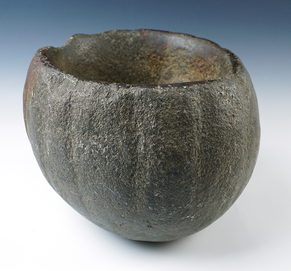 Rare and nice! 8 1/4" wide pumpkin or squash effigy hand carved ancient Stone Bowl. New York.