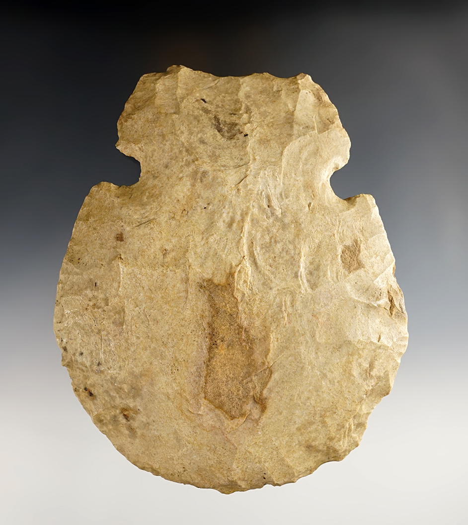 Classic style 5 3/4" Notched Hoe made from Mill Creek Chert. Found near Belleville, Illinois. 