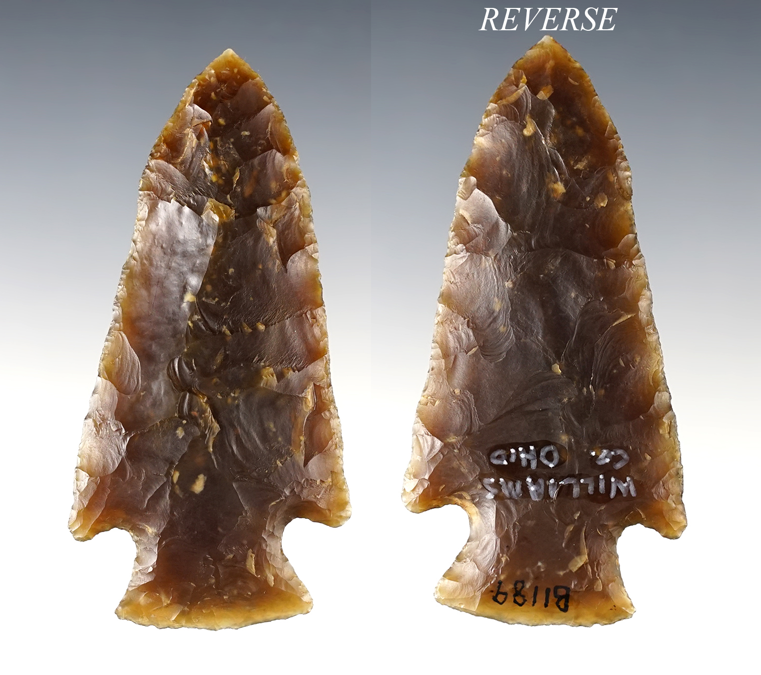 Fine 3 3/4" Hopewell made from rare Flint Ridge Moss Agate. Found in Williams Co., Ohio. 