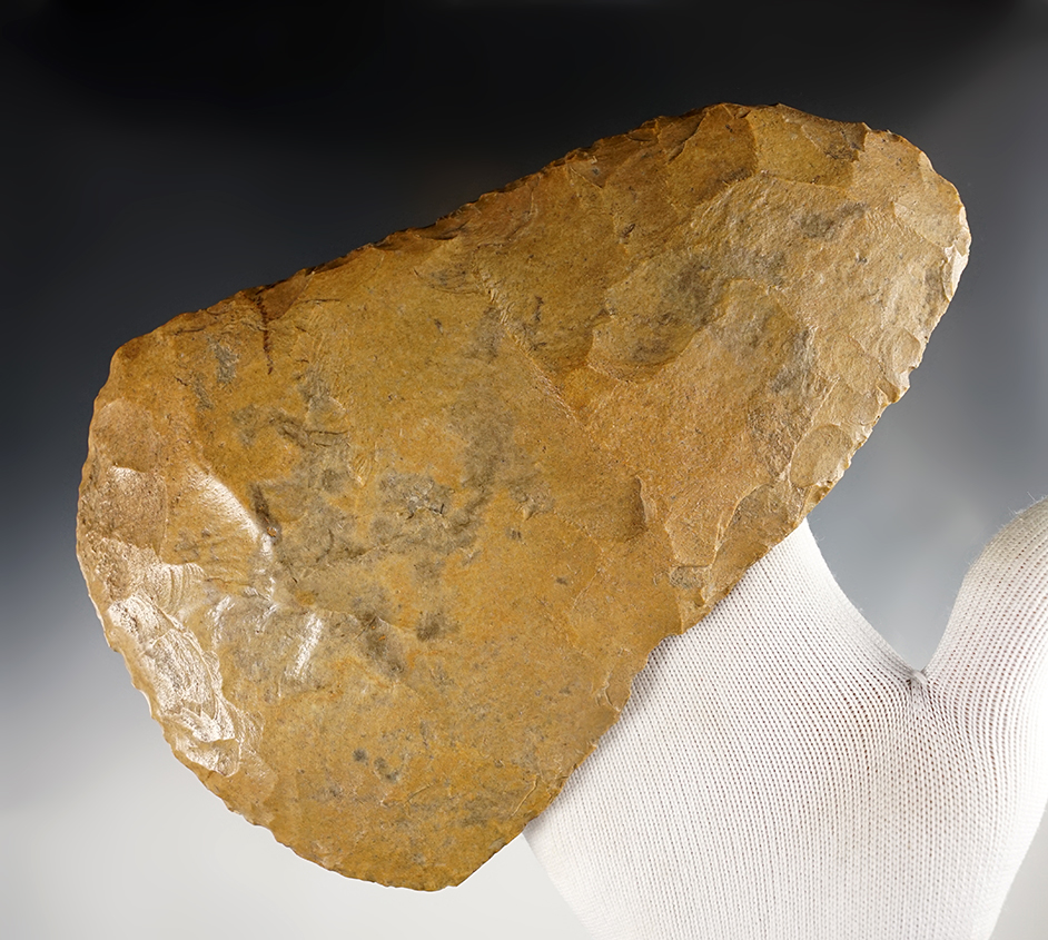 Large 7 1/2" long Flint Hoe with excellent use polish to bit area. Ralls Co., Missouri. 