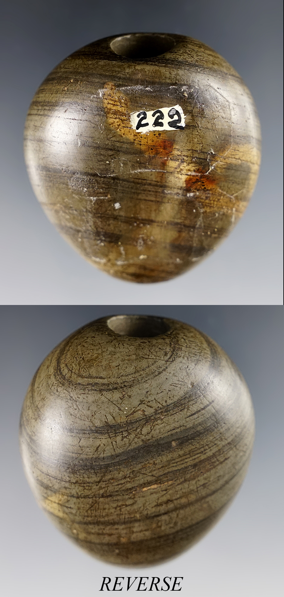 2 3/16" Fluted Ball Bannerstone - Leonidas Twp., St. Joseph Co., Michigan. Ex. Clark Steinberger.