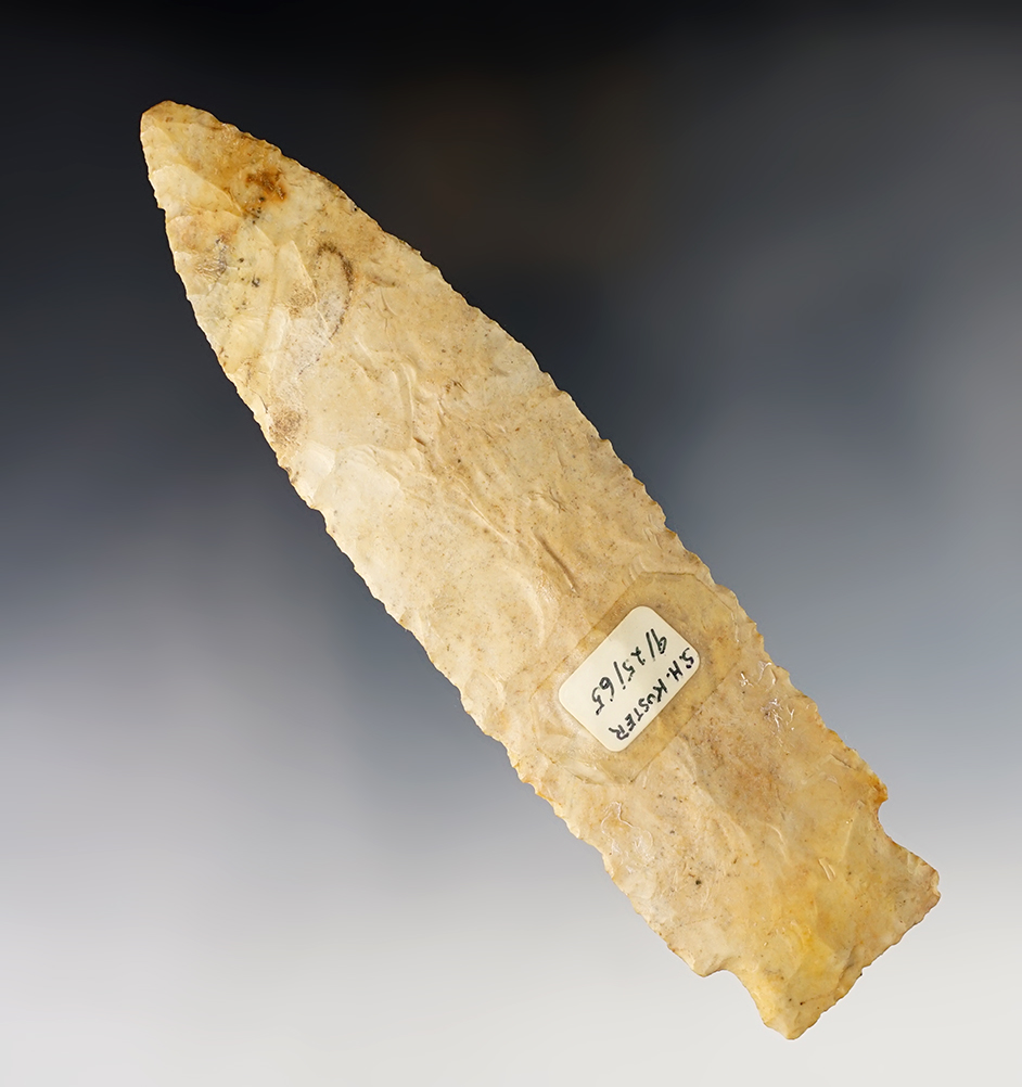 Large and nicely patinated 6 1/2" Etley Knife with very nice flaking. Found in Greene Co., Illinois. 