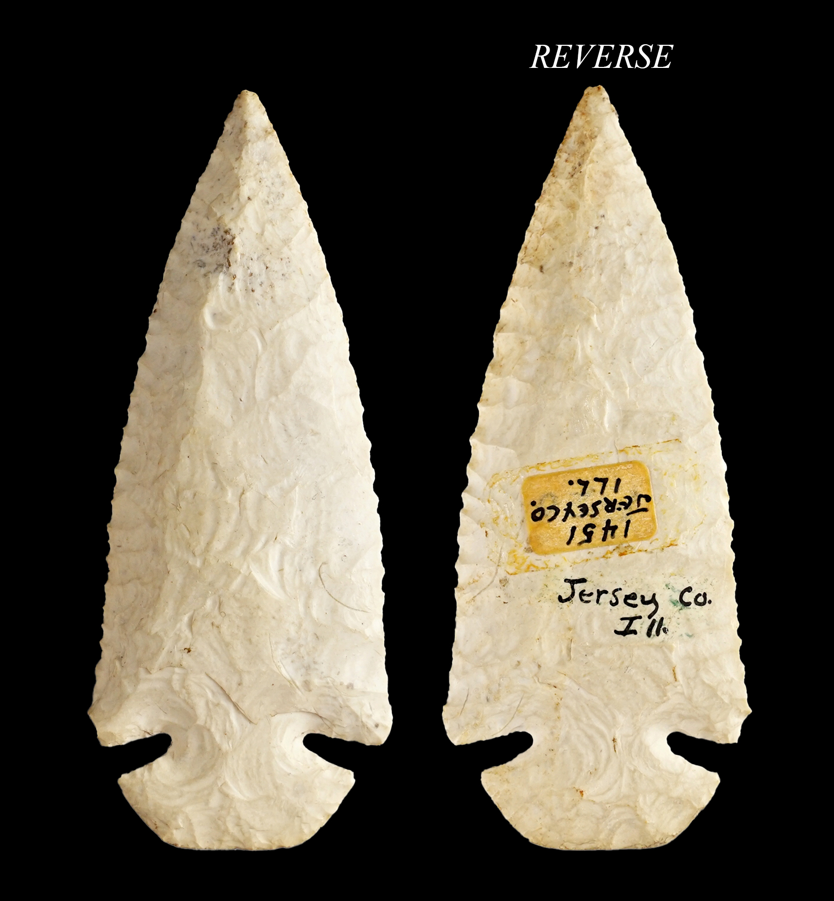 3 13/16" Dovetail made from Burlington Chert. Found in Jersey Co., Illinois. Very well flaked.