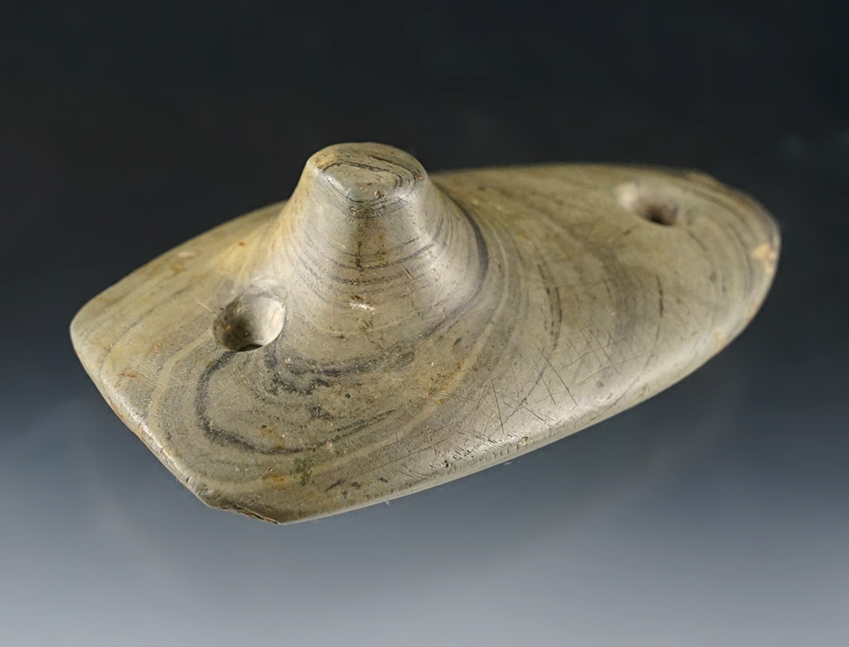 3" classic Glacial Kame Spine Back Gorget - Banded Slate with "ladder" engravings on the top. 