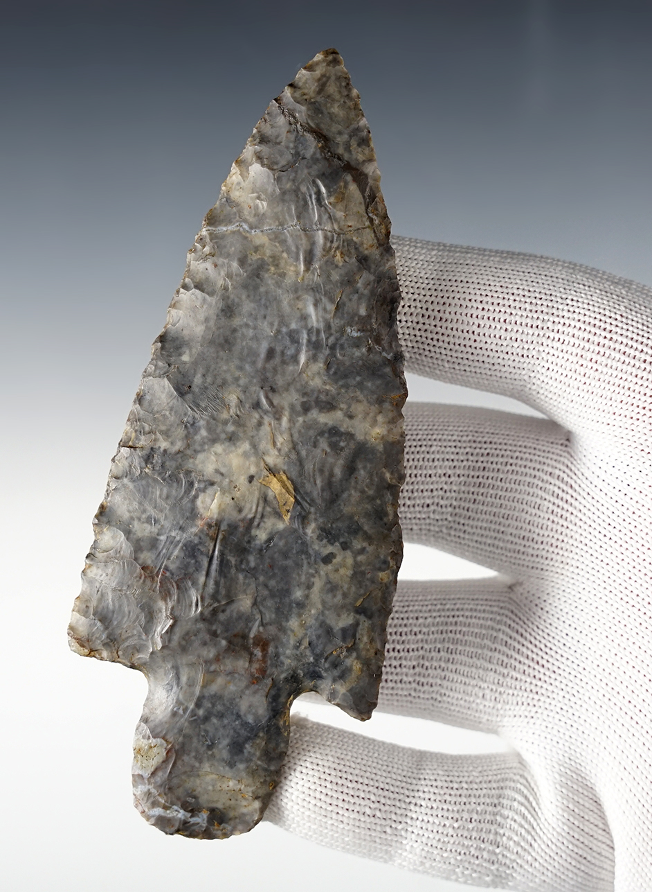 4 3/4" classic Adena made from mottled Coshocton Flint with quartz inclusions. Dayton, Ohio.