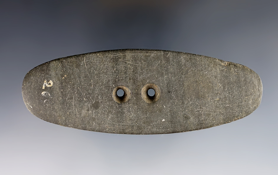 4 3/8" Elliptical Gorget made from Banded Slate. Found in the Ohio area. 