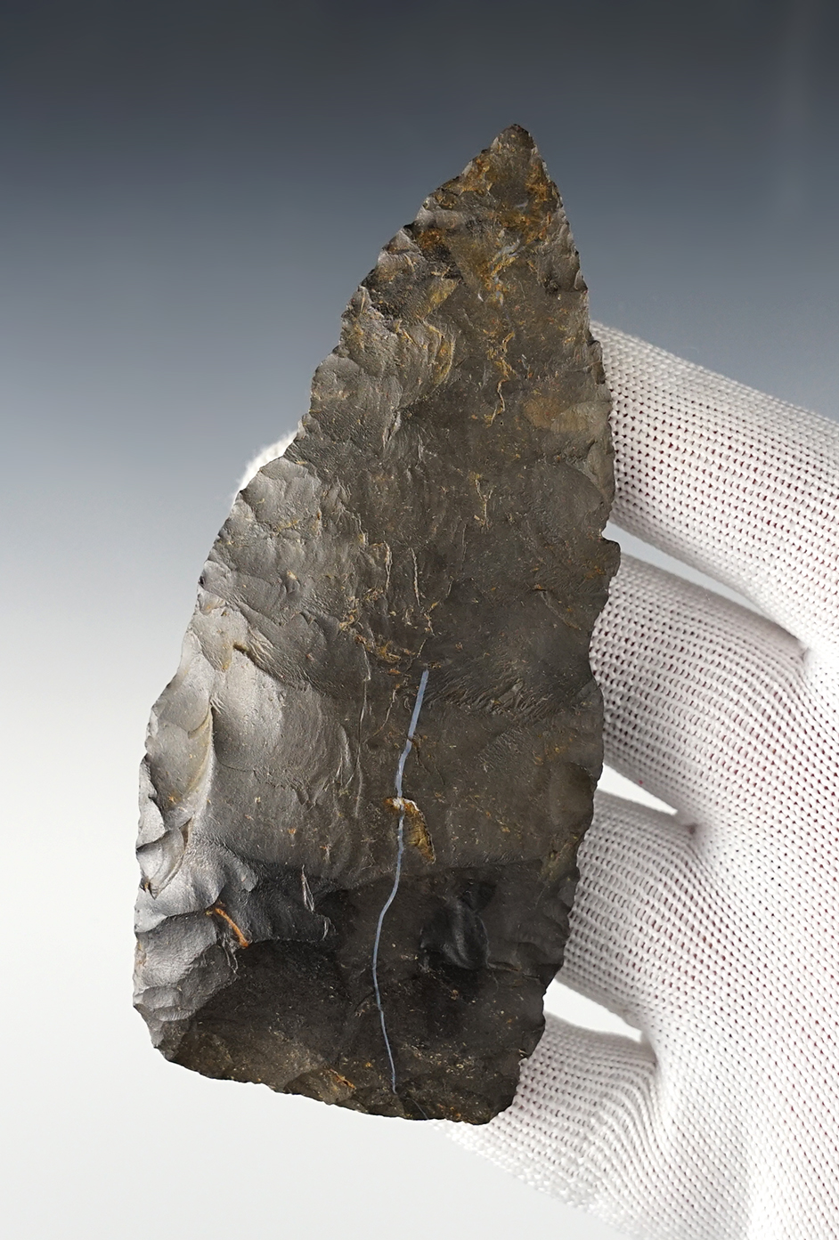 Nice 4 7/16" Paleo Knife made from Nellie Chert. Found in Wayne Co., Ohio. Ex. Larry Morris. 