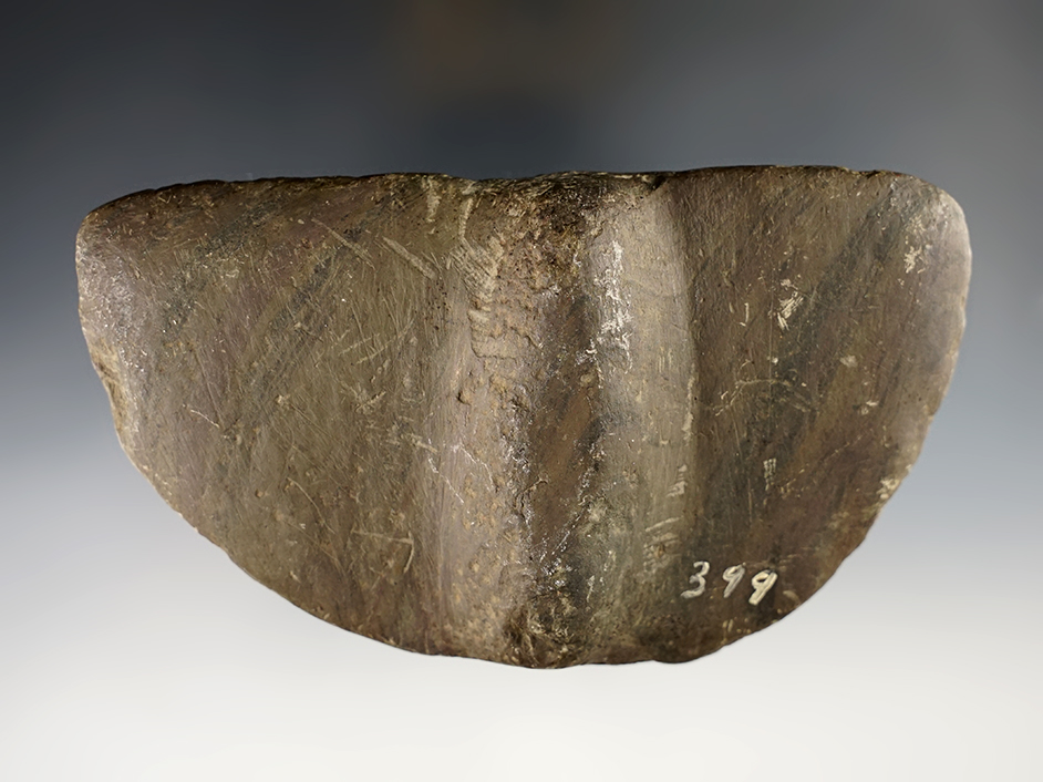 5 3/8" partially drilled Wing Bannerstone Preform made from banded Glacial Slate. Ohio.