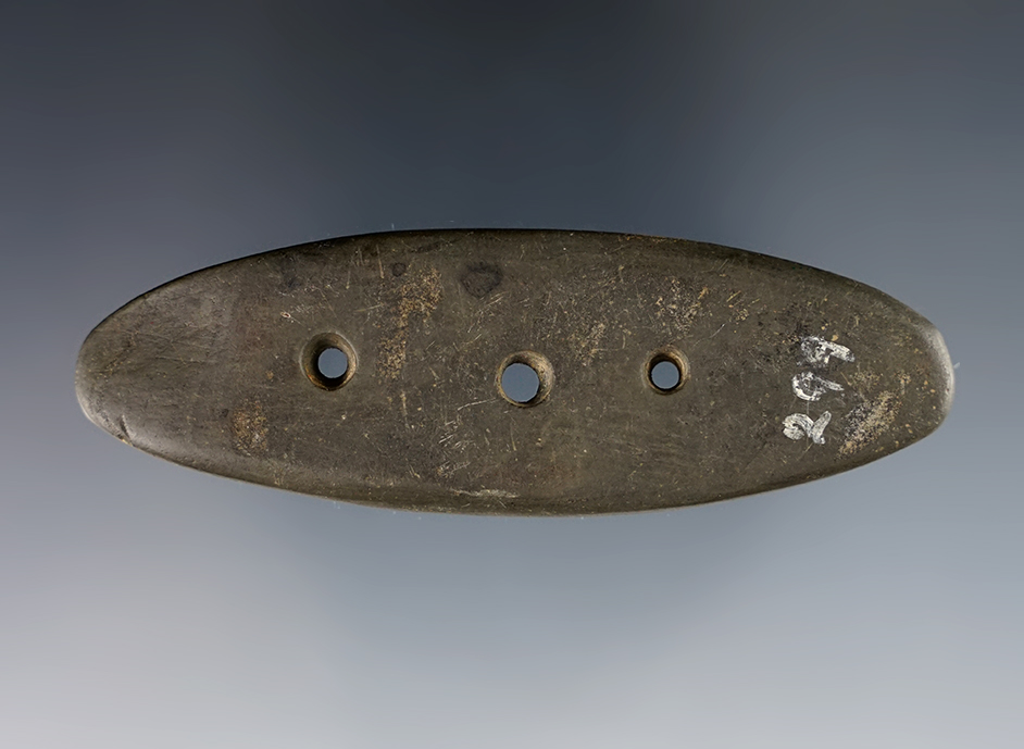 Unique 3 5/16" Three-hole Miniature Elliptical Slate Gorget recovered in Ohio.