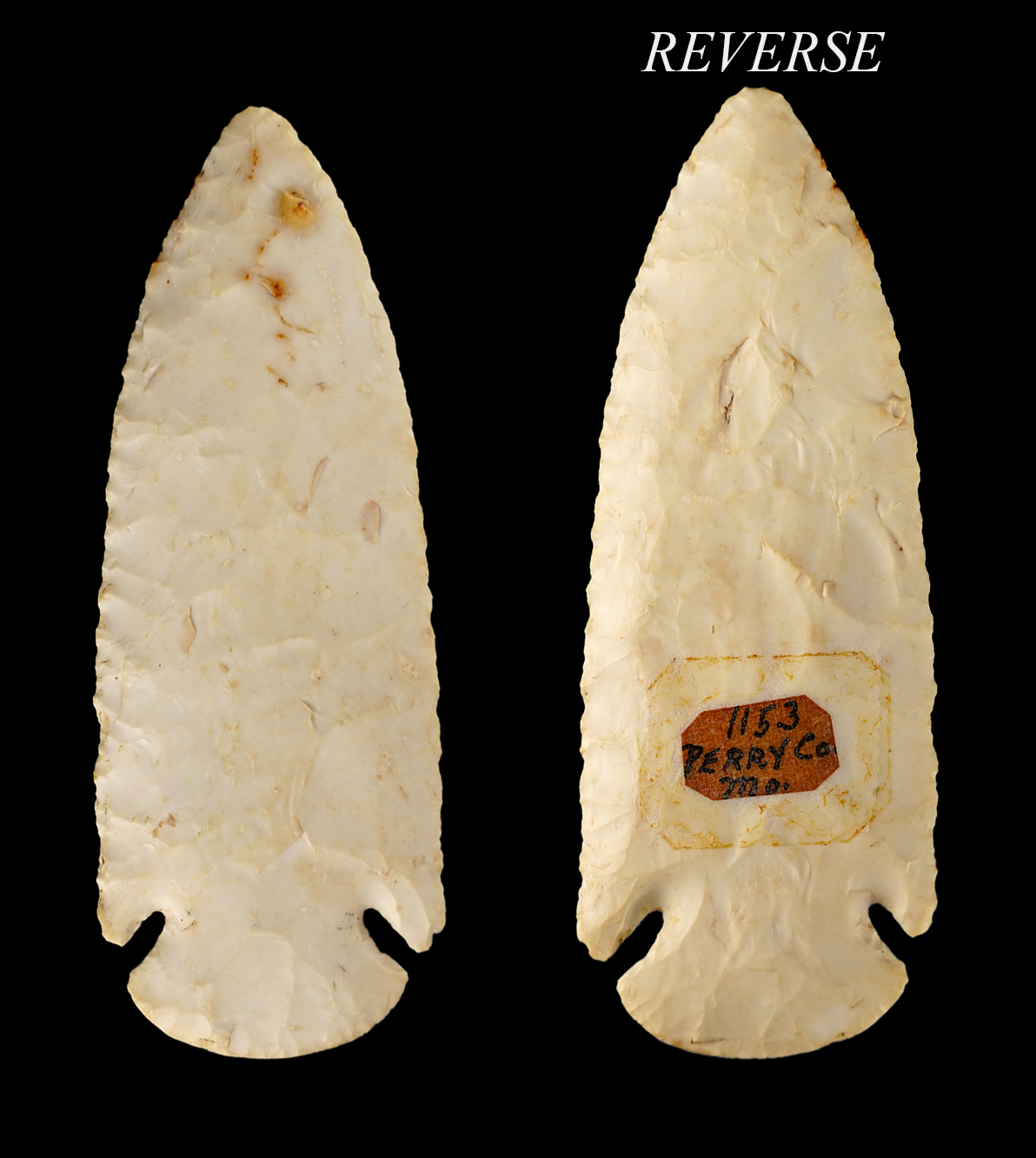 3 7/8" beautifully flaked Dovetail made from high-quality flint. Recovered in Erie Co., Missouri.