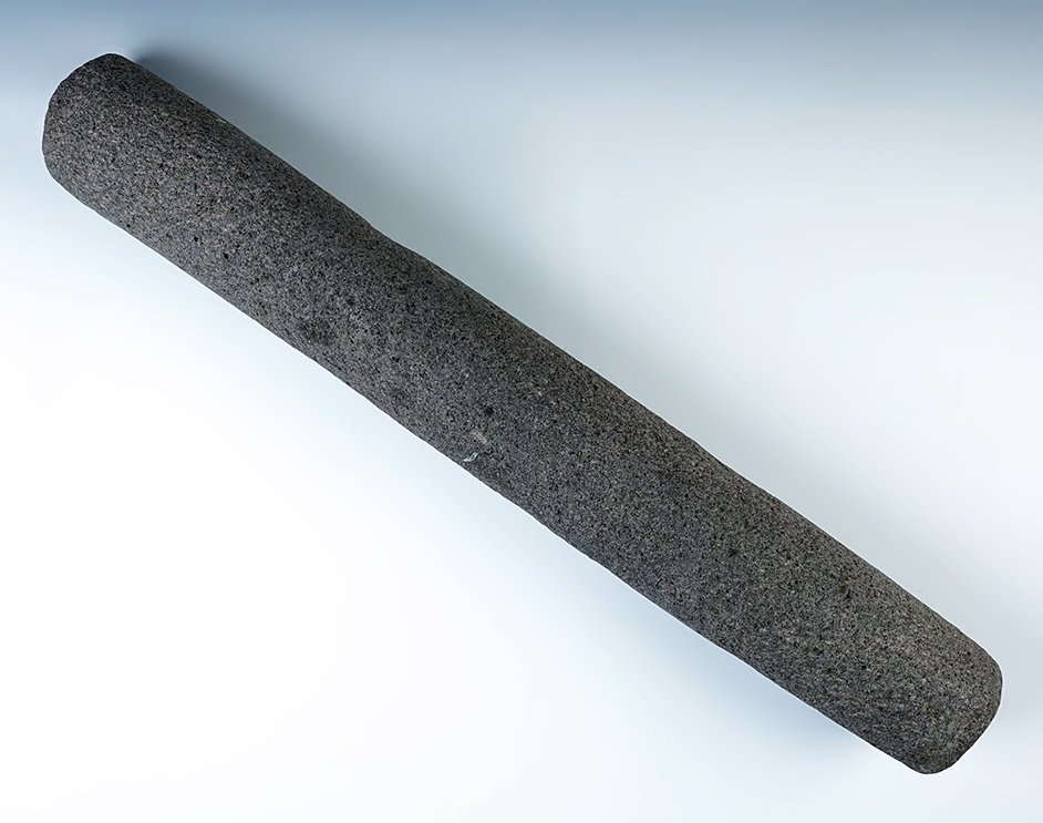 Large 20" long well shaped Roller Pestle in excellent condition. Recovered in the Northwest U.S. 