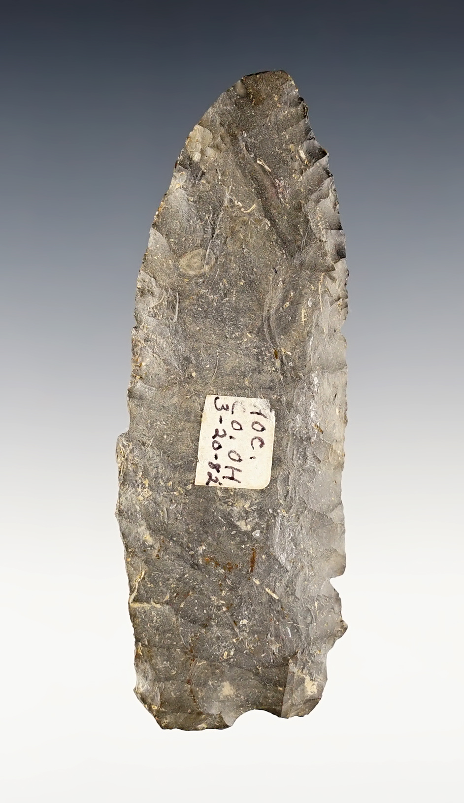 3 3/4" Paleo Knife found by Jerry Hutchinson on 3-2-1982 in Hocking Co., Ohio. Nellie Chert. 