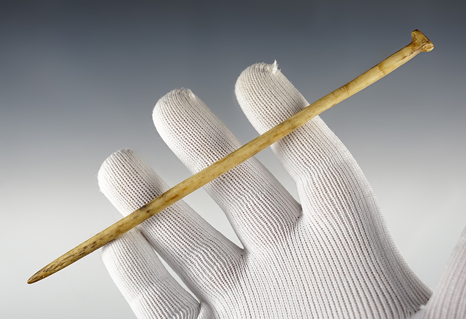 Exceptional 6 3/4" Bone Hair Pin found in Kentucky. Highly polished with incised lines. 